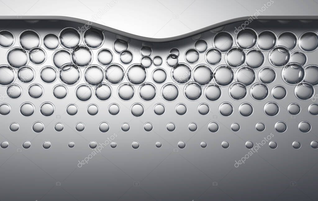 A concept of a collection of transparent liquid molecules gathering underneath a surface layer on a micro background - 3D render