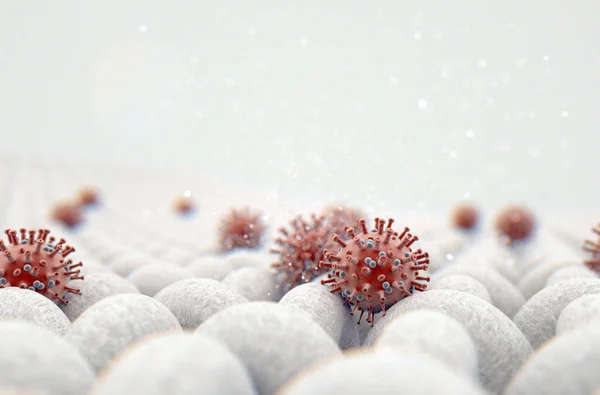 Микроскопический Близкий Обзор Простой Тканой Ткани Видимой Красной Коронавирусной Частицы — стоковое фото