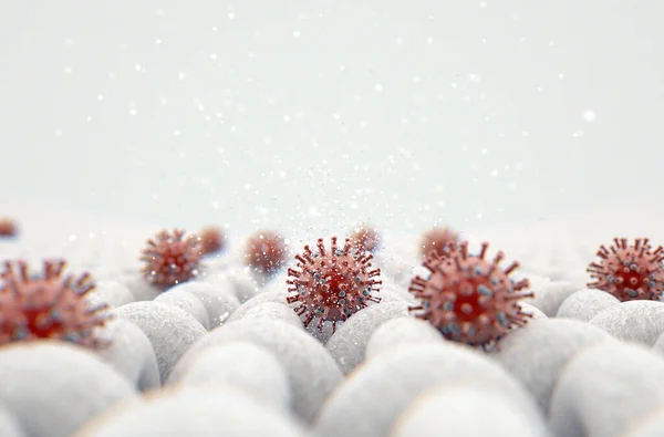 Mikroskopisk Närbild Enkel Vävd Textil Och Synlig Röd Coronavirus Partikel — Stockfoto
