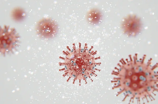 Uma Visão Microscópica Perto Das Partículas Coronavírus Vermelho Transportadas Pelo — Fotografia de Stock