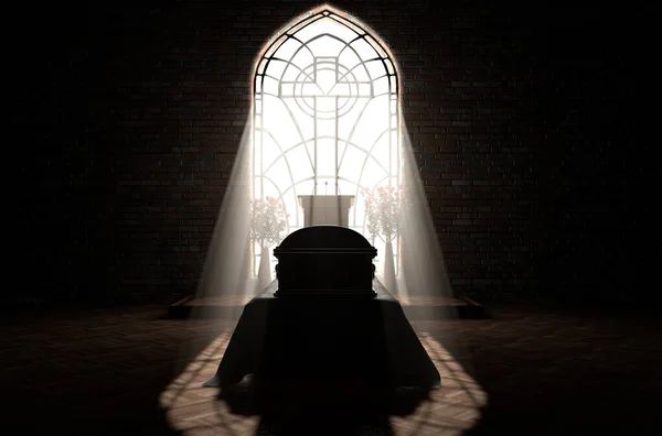 Dark Church Interior Lit Suns Rays Penetrating Glass Window Pulpit — Stock Photo, Image