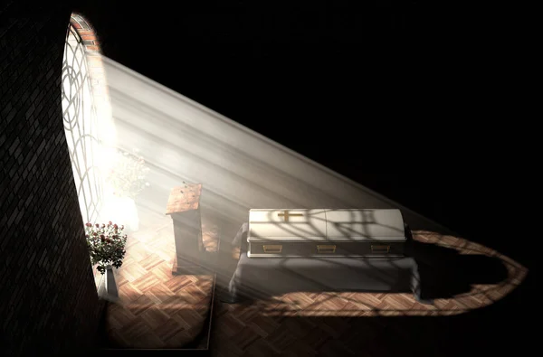 太陽の光に照らされた暗い教会の内部は 説教壇のガラス窓から差し込み 棺を閉じます 3Dレンダリング — ストック写真