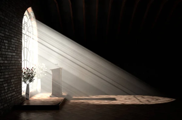 Güneş Işınlarıyla Aydınlatılan Karanlık Bir Kilisenin Içi Konuşma Kürsüsünde Parlayan — Stok fotoğraf