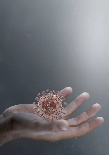 Close View Large Coronavirus Molecules Palm Hand Drak Background Render — Stock Photo, Image