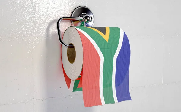 Rolo Papel Higiênico Com Uma Impressão Bandeira Sul Africana Pendurada — Fotografia de Stock