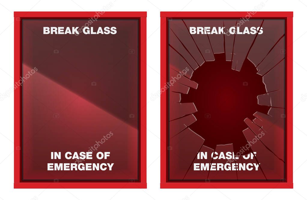 A vector illustration of an empty red emergency box with an in case of emergency breakable glass on the front - fixed and broken