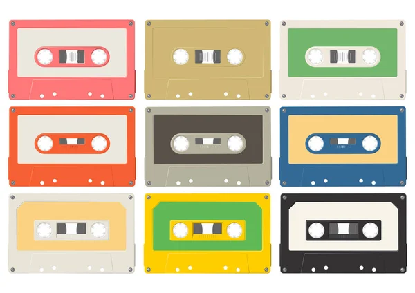 Illustrazione Vettoriale Una Collezione Audiocassette Vintage Vari Colori Etichette Uno — Vettoriale Stock