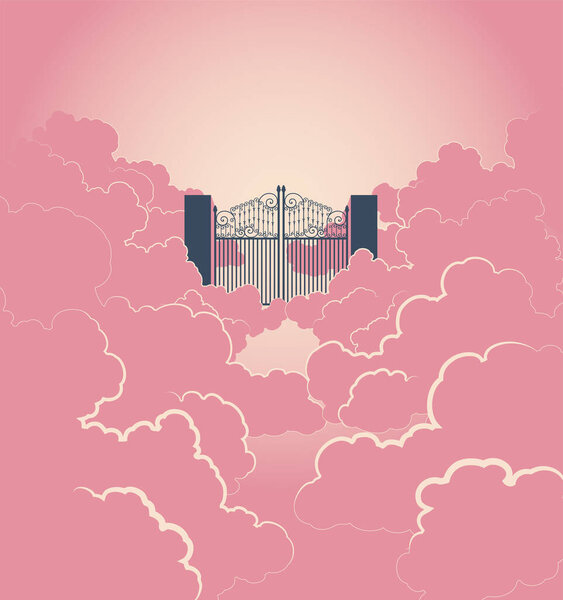 A vector illustration of a concept depicting the majestic pearly gates of heaven surrounded by clouds
