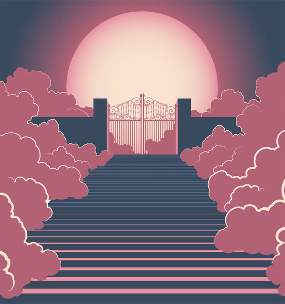 A vector illustration concept depicting the majestic pearly gates of heaven surrounded by clouds and the staircase leading up to them on a moonlit background