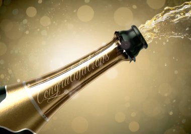 An opening bottle of champagne with the word congratulations and liquid pouring out on a glitsy bokeh background- 3D render clipart