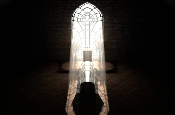 Ein Dunkler Kirchenraum Der Von Sonnenstrahlen Erhellt Wird Die Durch — Stockfoto