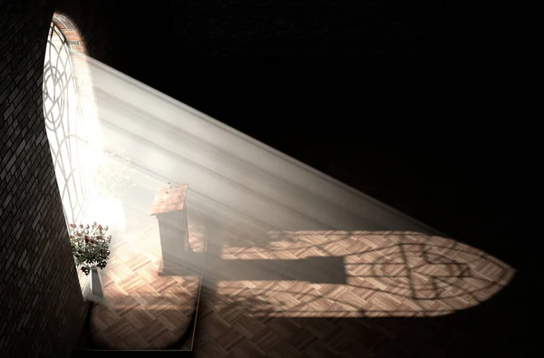 一座黑暗的教堂的内部被太阳光照射着 阳光穿过玻璃窗 在演讲讲台上闪耀的十字架图案 3D渲染 — 图库照片