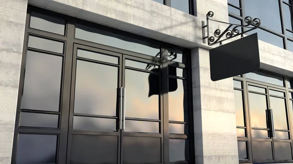 An ornate sign mounted outside a generic unbranded shop facade on the high street in the daytime - 3D render