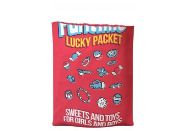 Parçalanmış ve açılmış klasik bir çocuğa benzeyen bir konsept tasarım. Şanslı paket, izole edilmiş beyaz arka planda oyuncakların resimlerini sergiliyor.