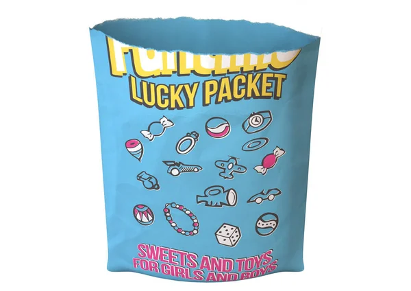 A concept design resembling a torn and opened classic childrens lucky packet displaying illustrations of toys inside on an isolated white background - 3D render