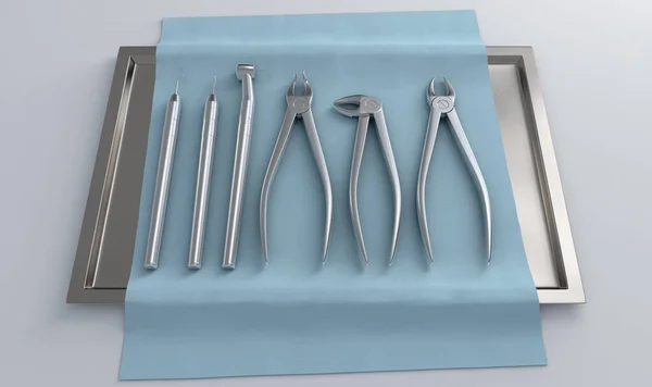 Set Steel Dentists Tools Set Out Tray Lined Bue Cloth — Stock Photo, Image