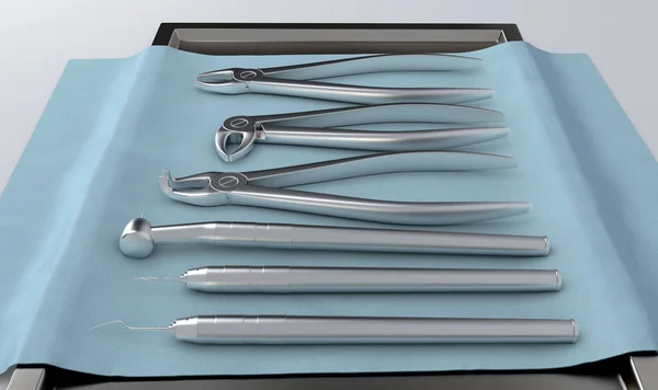 Set Steel Dentists Tools Set Out Tray Lined Bue Cloth — Stock Photo, Image