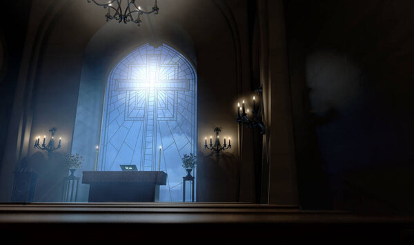 A dark church interior lit by suns rays through a crucifix stained glass window lighting the altar - 3D render