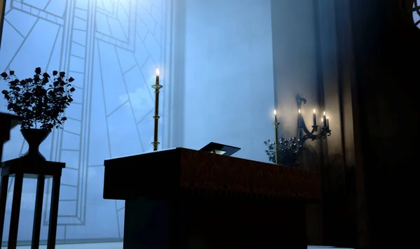 太陽に照らされた暗い教会の内部は 祭壇を照らす十字架のステンドグラスの窓を通して光線 3Dレンダリング — ストック写真