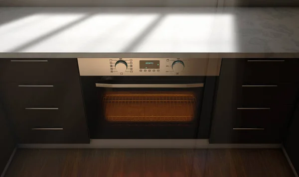 透过一个干净的厨房 有橱柜和一个封闭的空的热烤箱 晨光透过窗户 3D渲染 — 图库照片