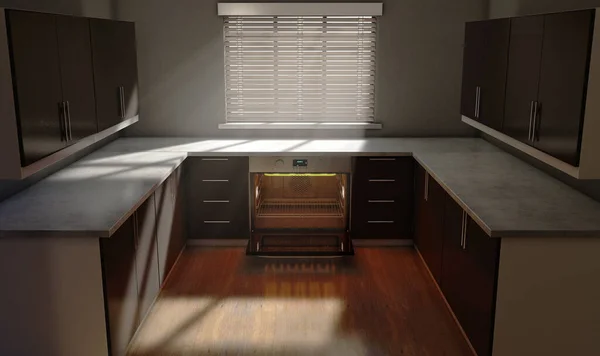 食器棚付きの清潔なキッチンと 窓から朝の光が差し込むオーブンを見渡します 3Dレンダリング — ストック写真