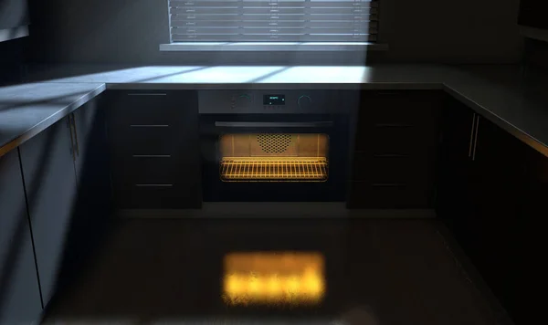 A look across a clean kitchen with cupboards and a closed empty hot oven with moon light coming through a window - 3D render