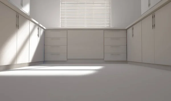 透过一个白色的洗过的厨房 橱柜和灯光从一个看不见的窗户透进来 3D渲染 — 图库照片