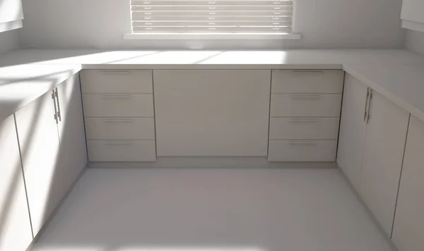 A look across a white washed kitchen with cupboards and light coming through a blinded window - 3D render