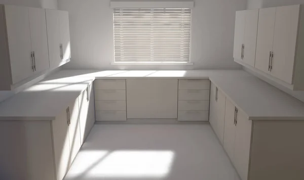 A look across a white washed kitchen with cupboards and light coming through a blinded window - 3D render