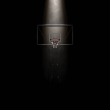 A concept showing a regular basketball hoop dramatically spotlit from above on an isolated dark background - 3D render clipart