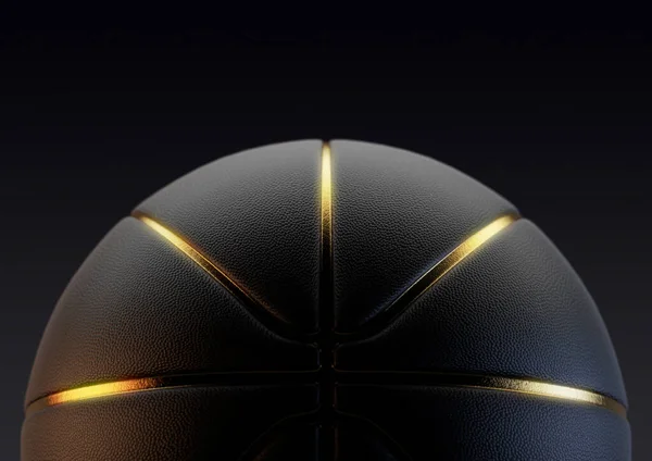 A concept of a black basketball with gold trim on an isolated black studio background - 3D render