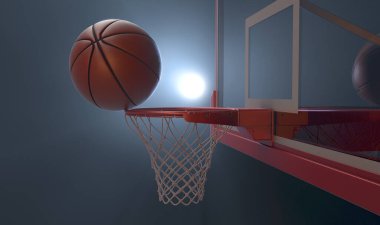 Kırmızı bir basketbol potasının kenarında sallanan normal bir basket topunun, izole edilmiş koyu bir arka planda çarpıcı bir şekilde yer alan görüntüsü.
