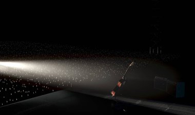 Bir müzik konseri sahnesinde dinlenen akustik bir gitar, aydınlatılmış alevler seyircisine bakan tek bir dramatik sahne ışığıyla aydınlatılıyor.