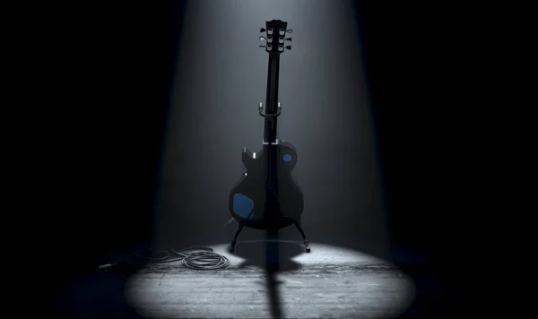 Uma Guitarra Elétrica Descansando Estande Palco Concerto Música Iluminado Por — Fotografia de Stock