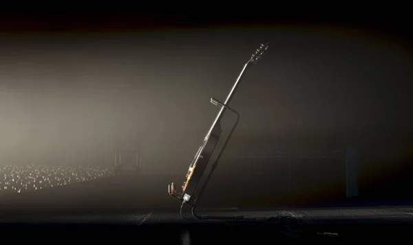 电吉他一种电吉他 停在音乐演奏台上 由一个单一的戏剧聚光灯照亮 面对着灯光明亮的灯光 3D渲染 — 图库照片
