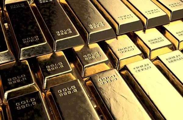 Een Stapel Massief Goud Ingots Een Geïsoleerde Donkere Achtergrond Render — Stockfoto