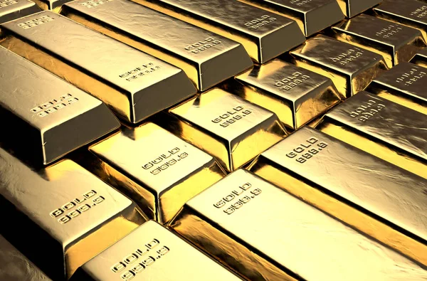 Een Stapel Massief Goud Ingots Een Geïsoleerde Donkere Achtergrond Render — Stockfoto