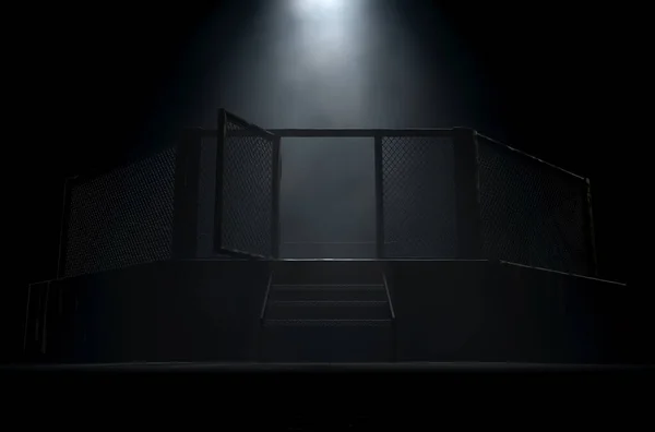 暗い背景に黒いパッド入りのMmaファイトケージアリーナのドアを強調スポットライト 3Dレンダリング — ストック写真