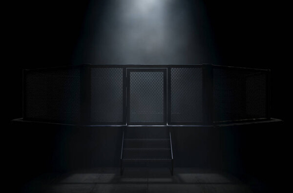 Прожектор, выделяющий дверь арены боя ММА, одетый в черную обивку на темном фоне - 3D рендеринг