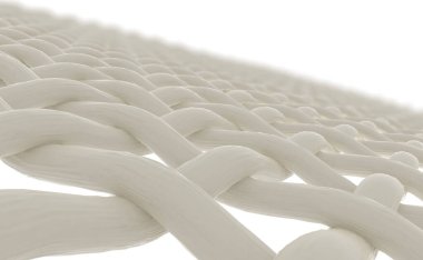 Beyaz arkaplanda örülmüş basit bir tekstil iplikçiklerinin mikroskobik yakın görüntüsü - 3D görüntüleme
