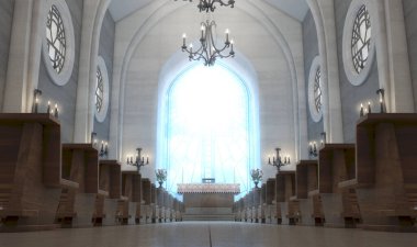 Güneş ışınlarıyla aydınlatılan hafif bir kilise mihrabı yakan haçlı cam pencerenin içinden geçiyor.