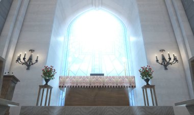 A light church interior lit by suns rays through a crucifix stained glass window lighting the altar - 3D render clipart
