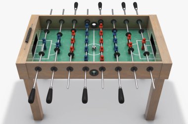 İzole edilmiş beyaz stüdyo arka planında kırmızı ve mavi takımlı ahşap langırt masasının tam görüntüsü - 3D