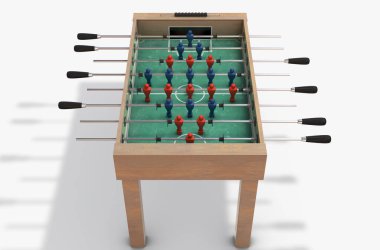 İzole edilmiş beyaz stüdyo arka planında kırmızı ve mavi takımlı ahşap langırt masasının tam görüntüsü - 3D