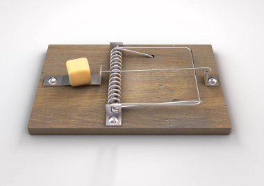 Sıradan bir ahşap ve metal fare kapanı beyaz izole edilmiş stüdyo arka planında bir kalıp peynirle yem olarak kullanılıyor.