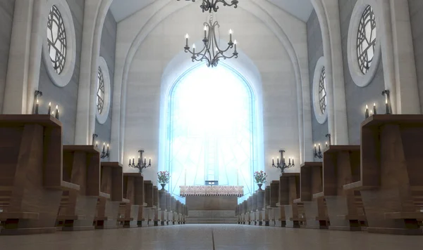 Světlý Interiér Kostela Osvětlený Slunečními Paprsky Přes Barevné Okno Krucifixu — Stock fotografie