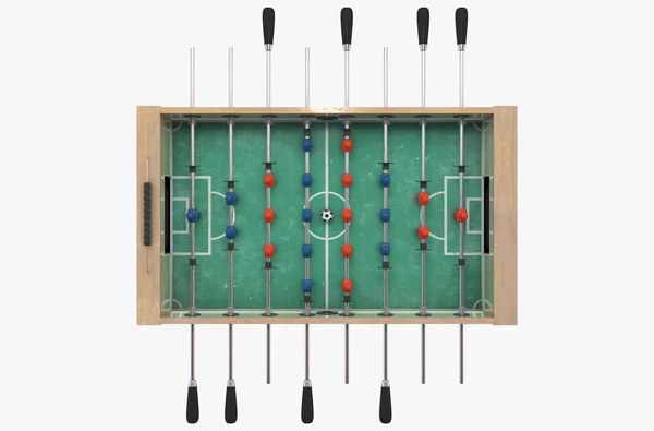 独立した白いスタジオの背景に赤と青のチームと木製のサッカーテーブルの完全なビュー 3Dレンダリング — ストック写真
