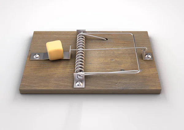 Regular Wood Metal Mousetrap Baited Block Cheese White Isolated Studio — Stock Photo, Image