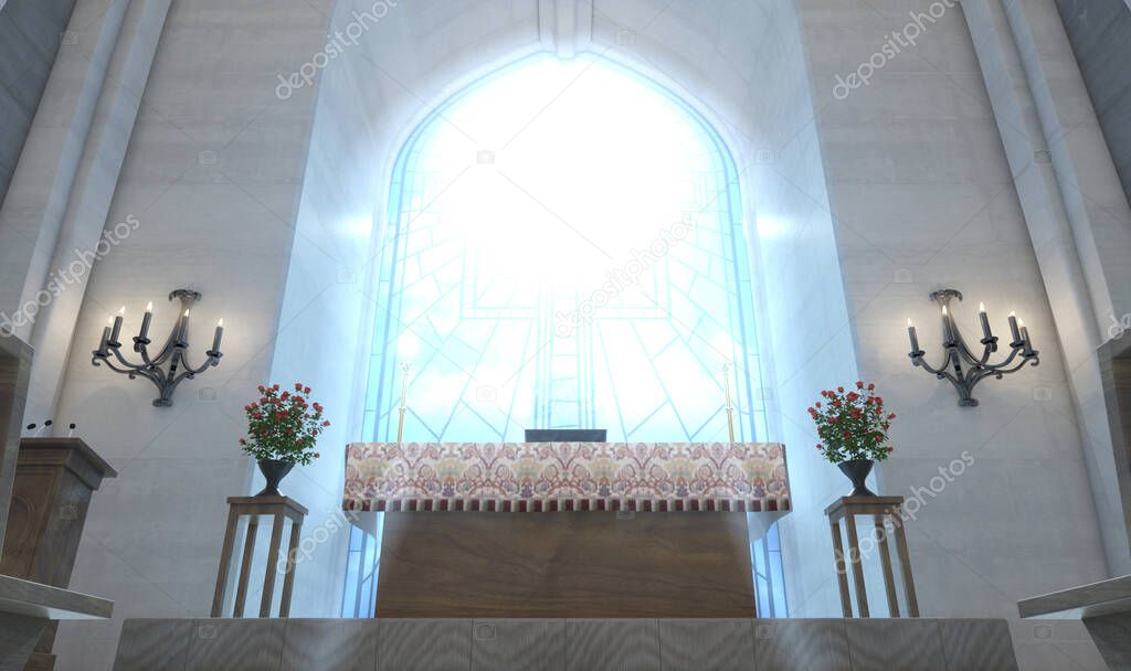 A light church interior lit by suns rays through a crucifix stained glass window lighting the altar - 3D render