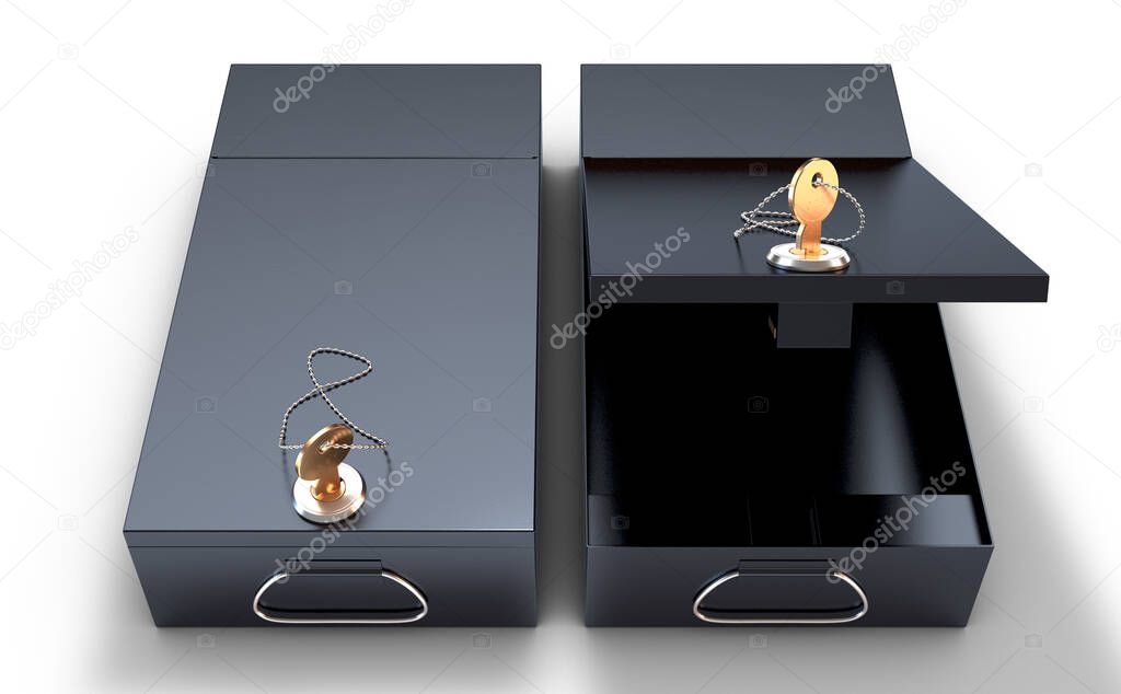 An open and closed black bank safe deposit box with a key in the locking mechanism on an isolated white studio background - 3D render